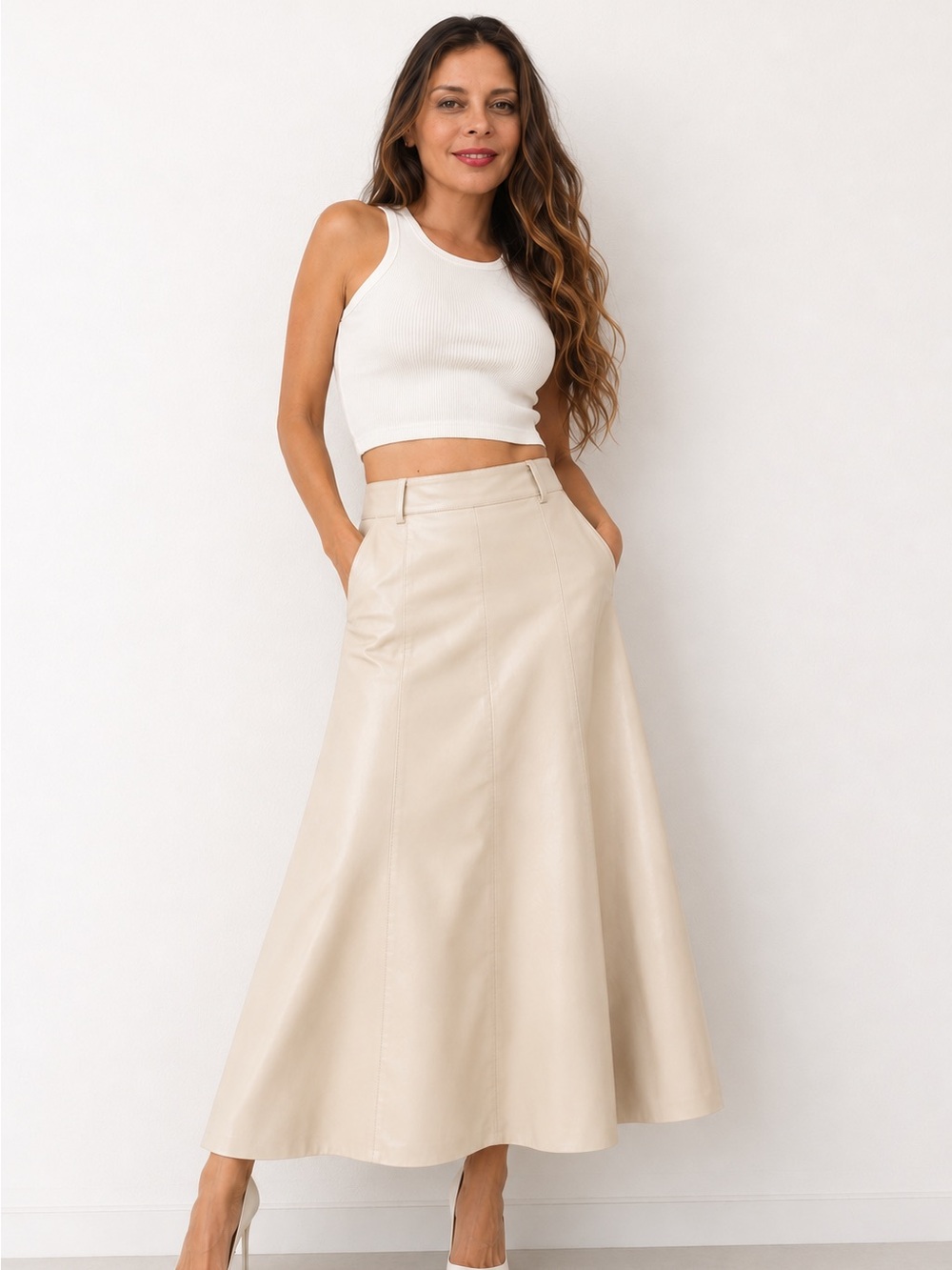 Zara Cream High-Waist Maxi Skirt XS faux leather